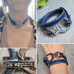 Lia Sophia "Wrap Star" Leather Bracelet or Choker Navy Blue with Silver Clasps